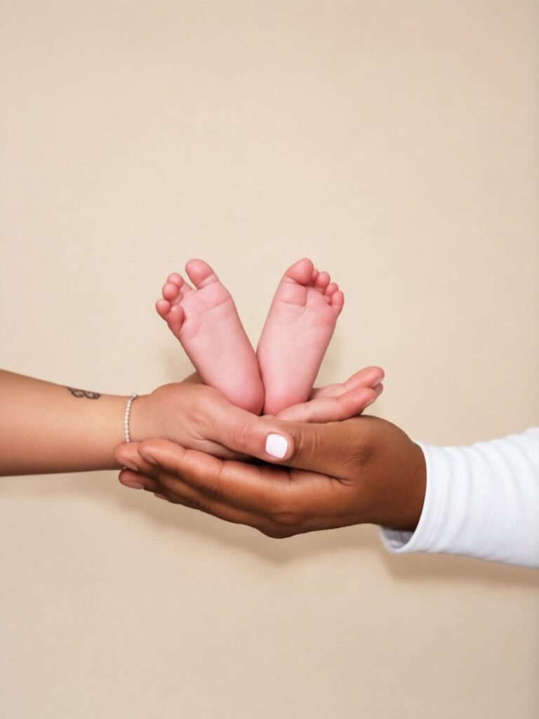 Newborn baby's feet resting in the parents' hands