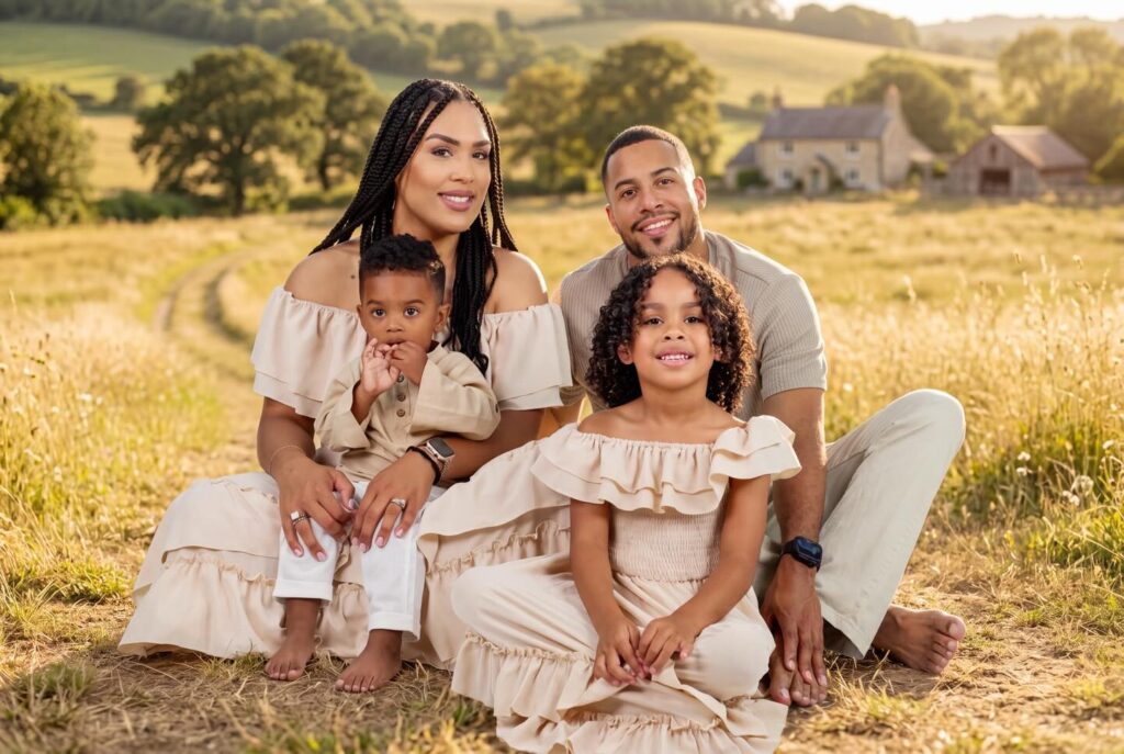 Family portrait in a sunlit field