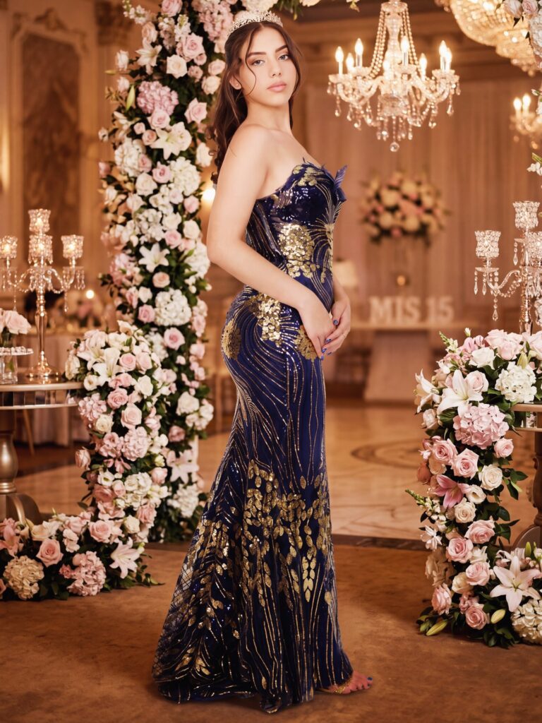 Quinceañera in a formal gown surrounded by floral decor