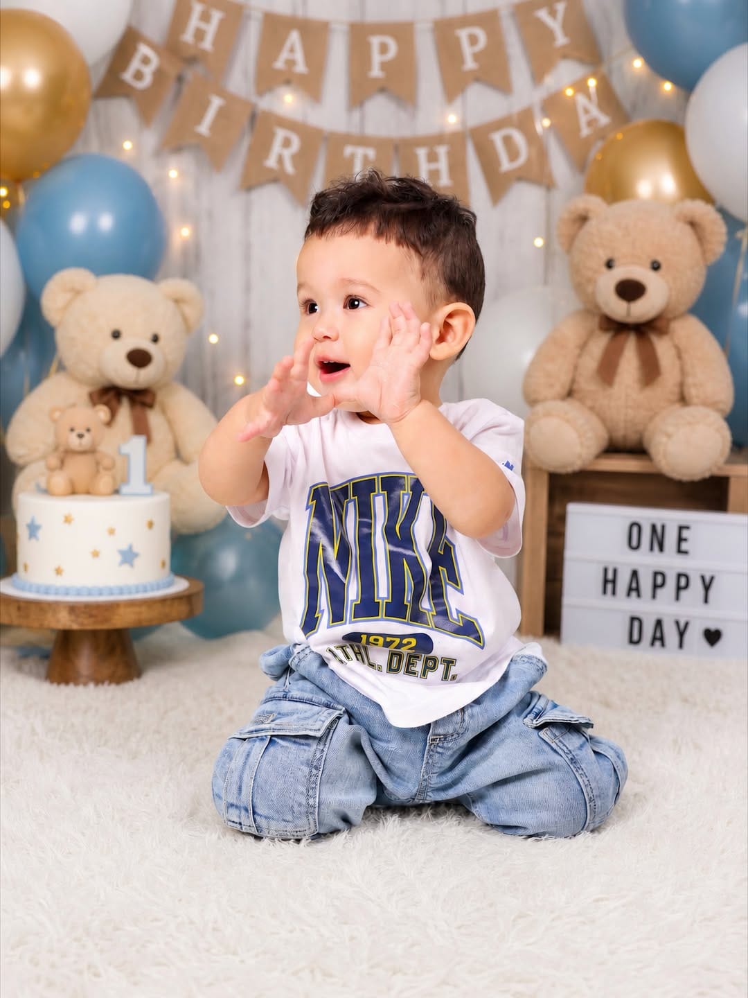 Baby celebrating a first birthday, sitting on a white rug in front of blue, gold and white balloons, teddy bears, a birthday cake with the number one, and a “Happy Birthday” banner.
